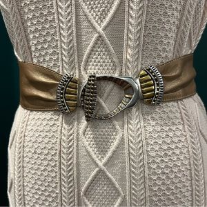 Chico’s gold/silver buckle champagne gold leather statement belt EUC